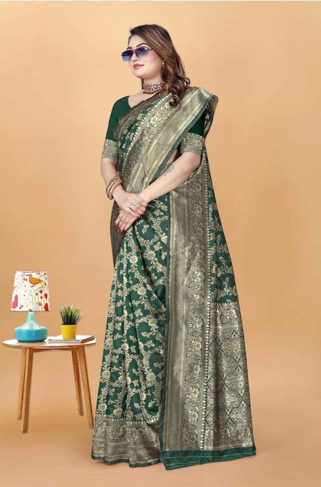 Women's Trendy Banarasi Kanjivaram Green Color Art Silk Saree with Blouse Material