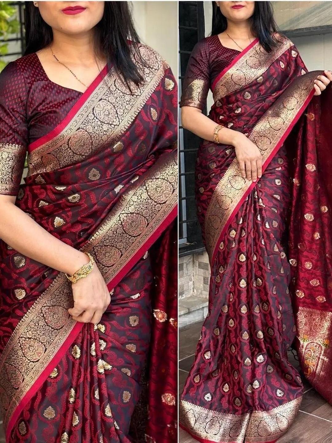 maroon banarasi style saree featuring woven design, zari border work, and a matching blouse piece